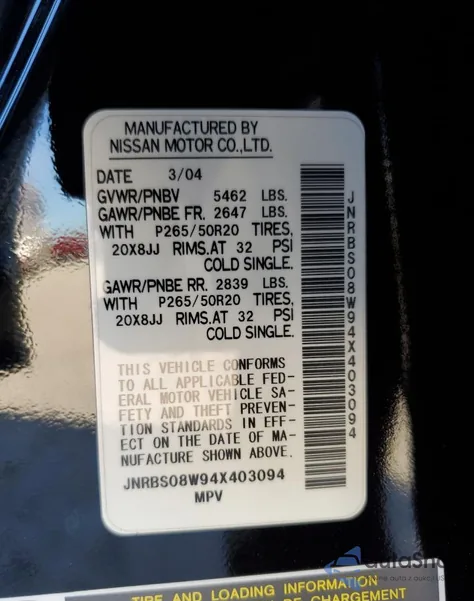 2004 Infiniti Fx45 z USA, uszkodzony, nr VIN JNRBS08W94X403094